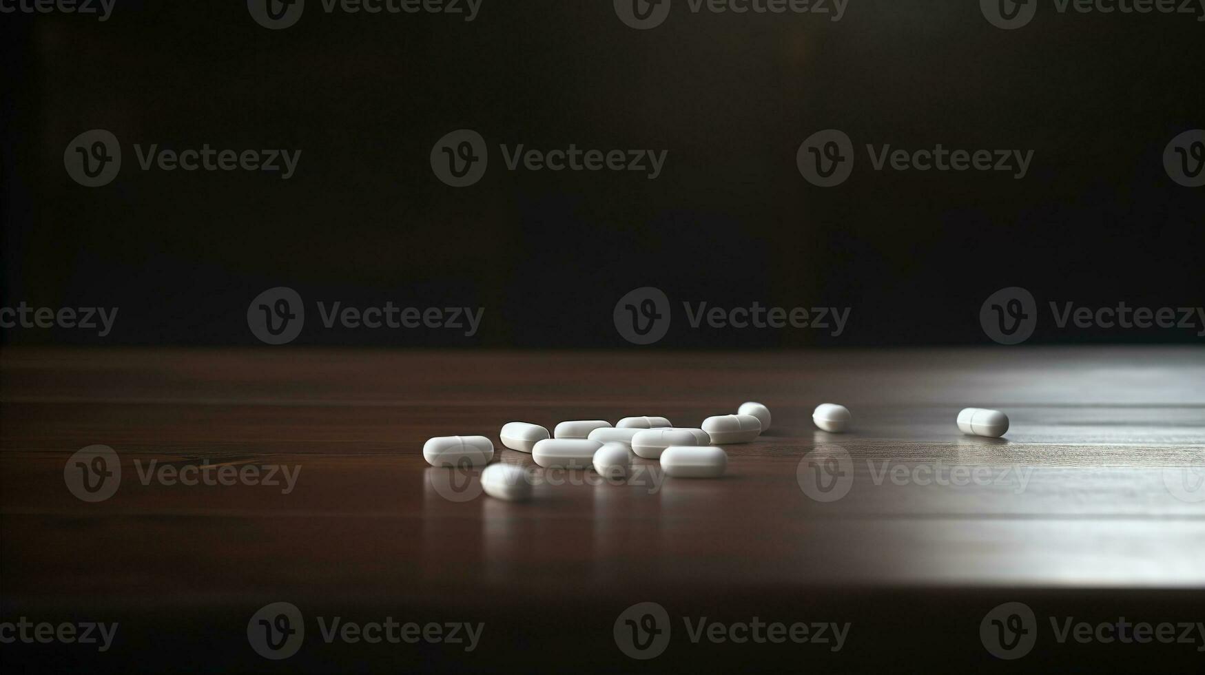 Pills tablets spilling on wood table. Created with Generative AI photo