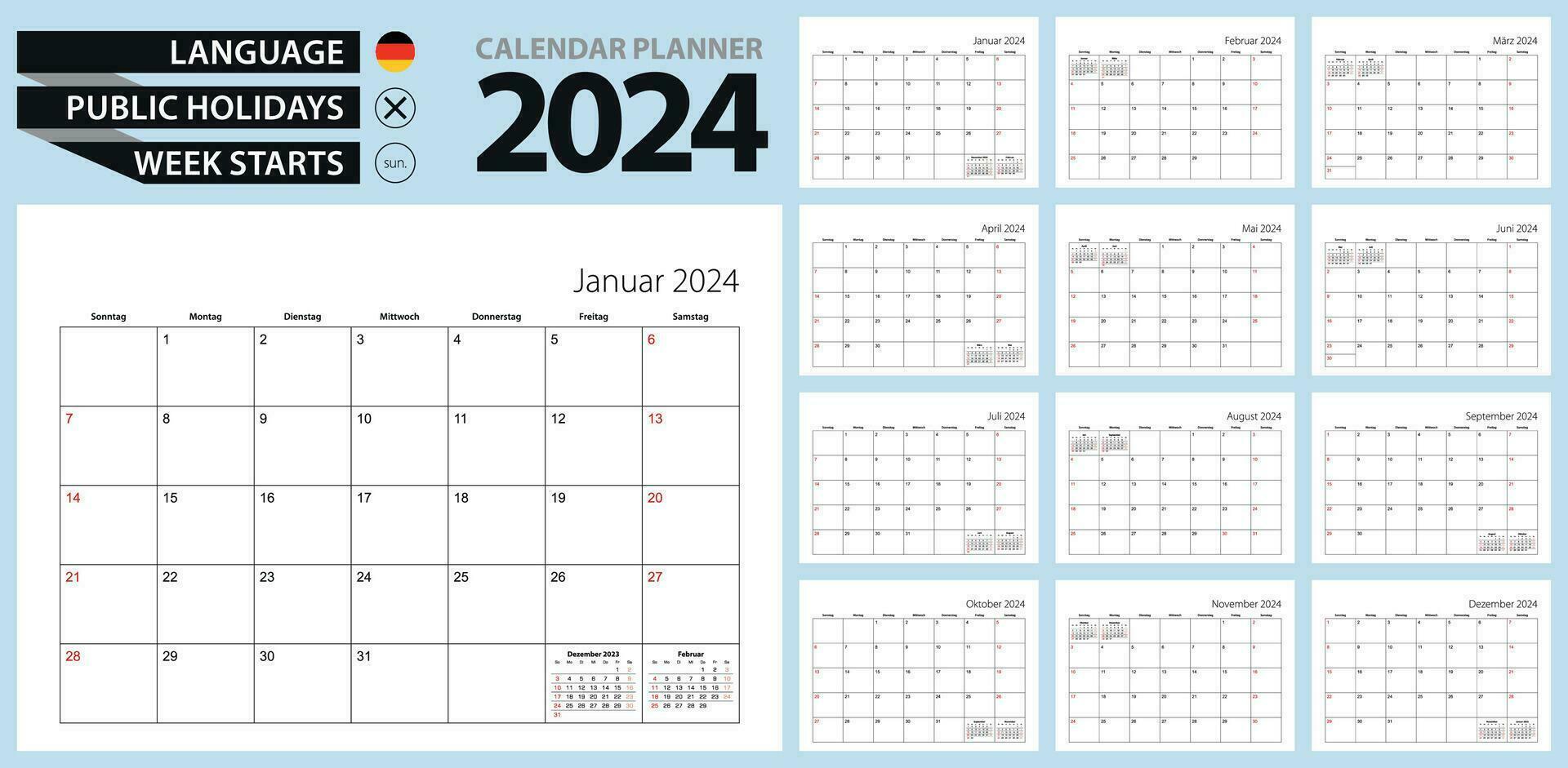 German calendar planner for 2024. German language, week starts from Sunday. vector