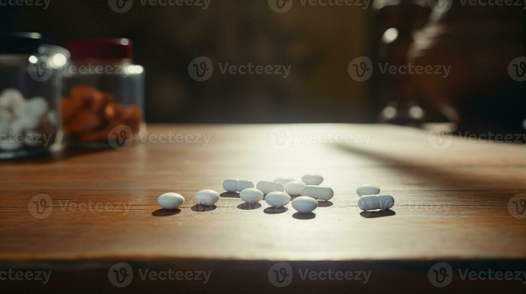 pastillas tabletas derramar en madera mesa. creado con generativo ai foto