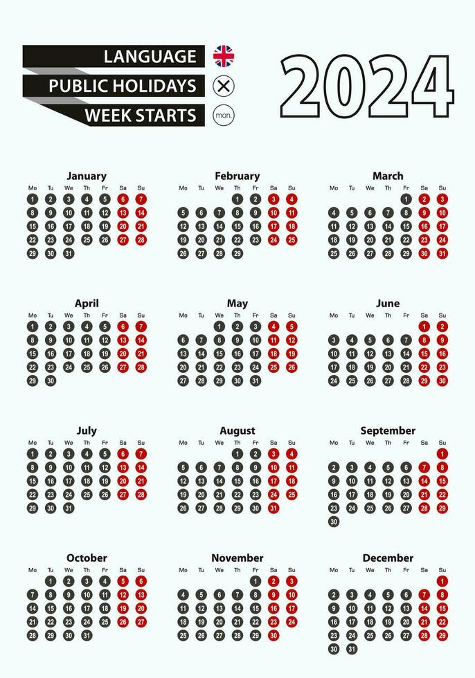 Vector template calendar 2024 with number in circles, simple English calendar for year 2024.