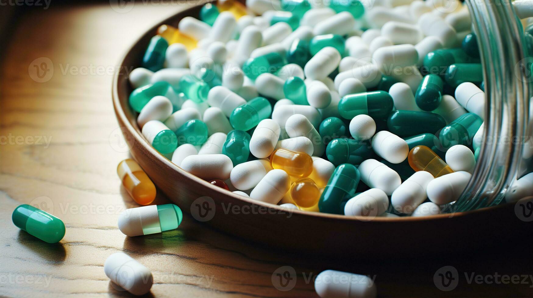 pastillas tabletas derramar en madera mesa. creado con generativo ai foto