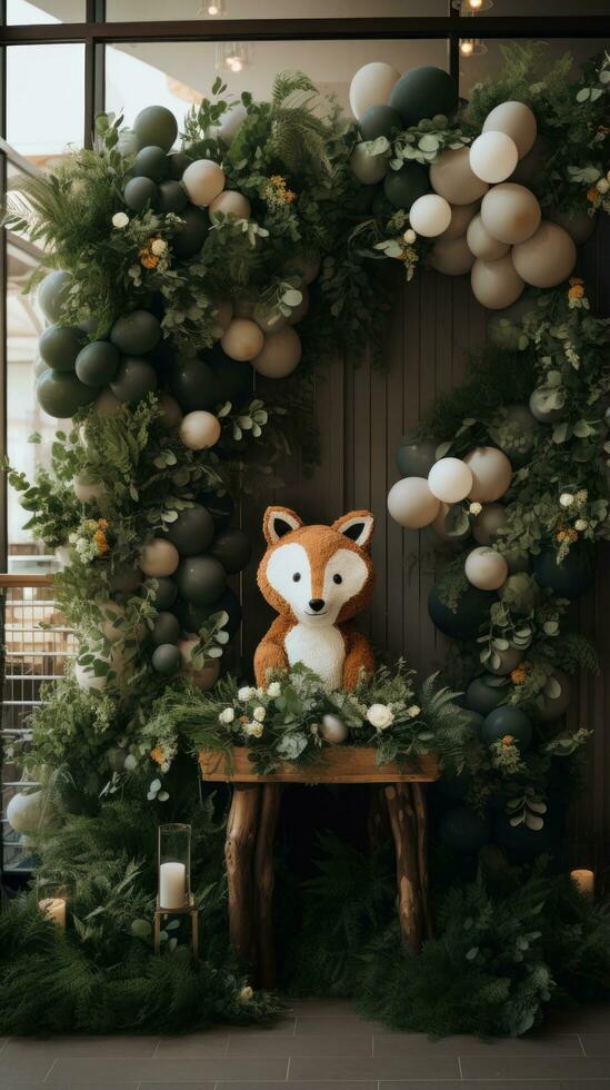 Whimsical woodland theme with animal decor and greenery garland photo