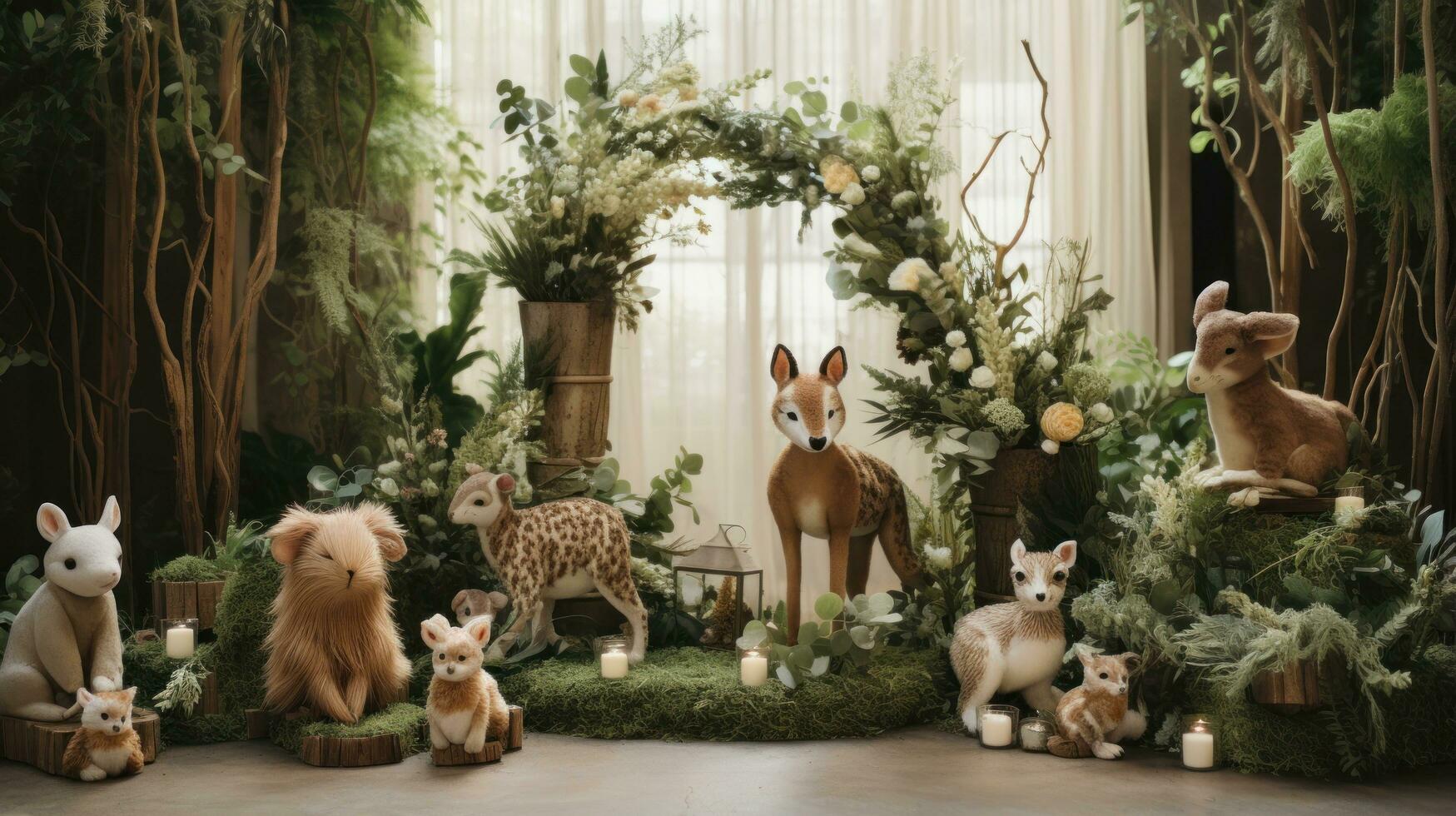 caprichoso bosque tema con animal decoración y verdor guirnalda foto