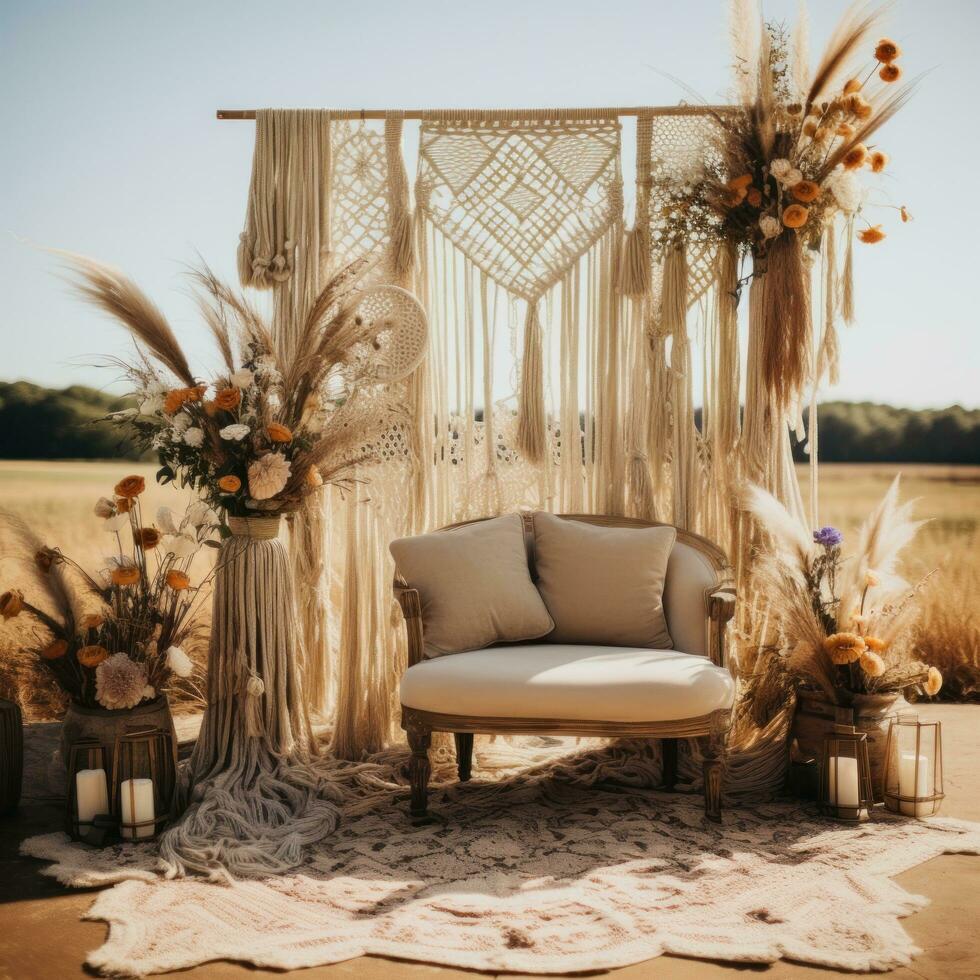 Gender-neutral boho chic setup with macrame and floral arrangements photo