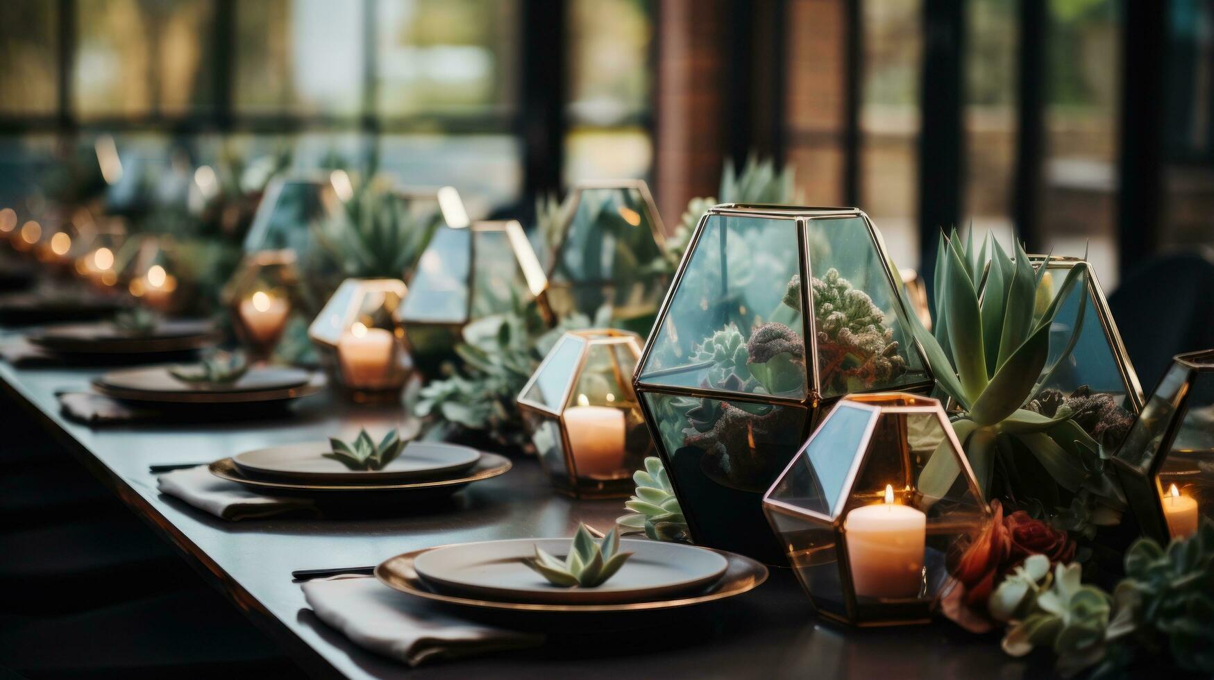 Modern geometric setup with gold accents and succulent favors photo