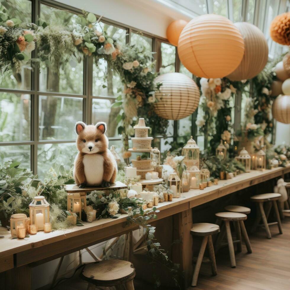 Whimsical woodland theme with animal decor and greenery garland photo