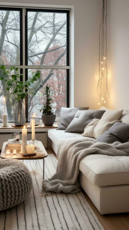 Scandinavian-inspired living room with minimalist tree and cozy blankets photo