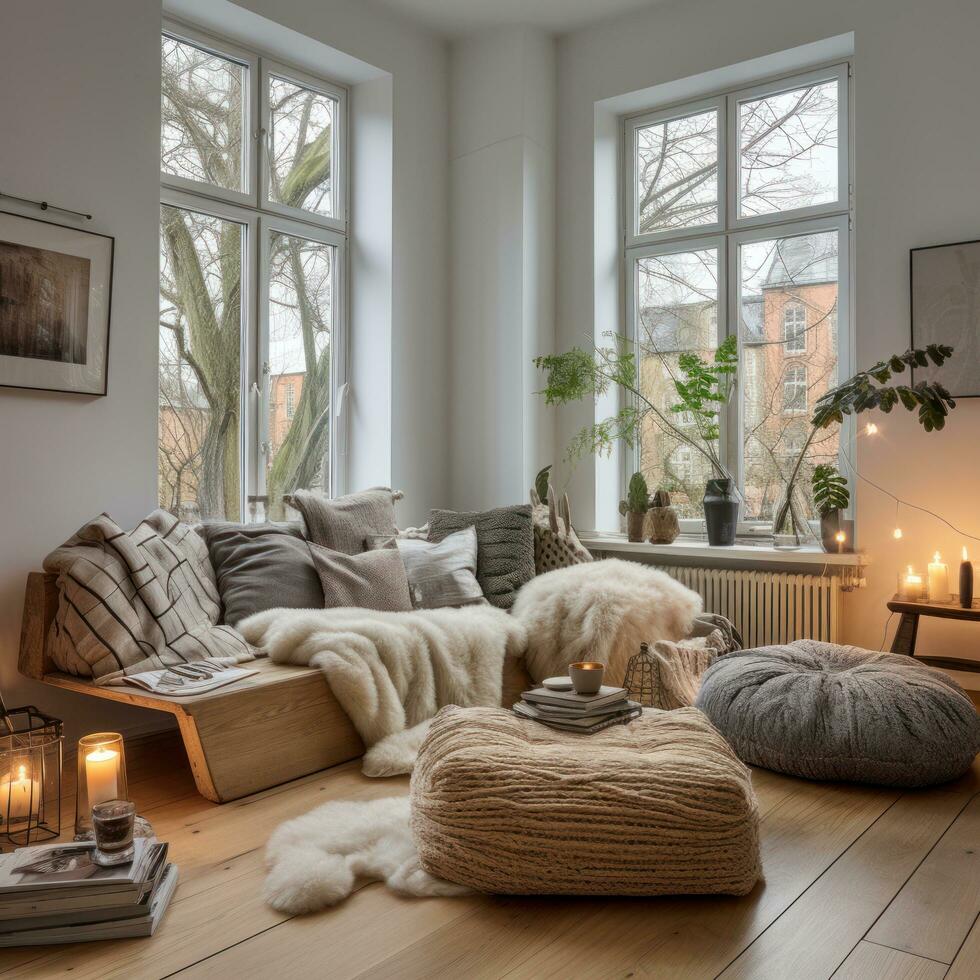 Scandinavian-inspired living room with minimalist tree and cozy blankets photo