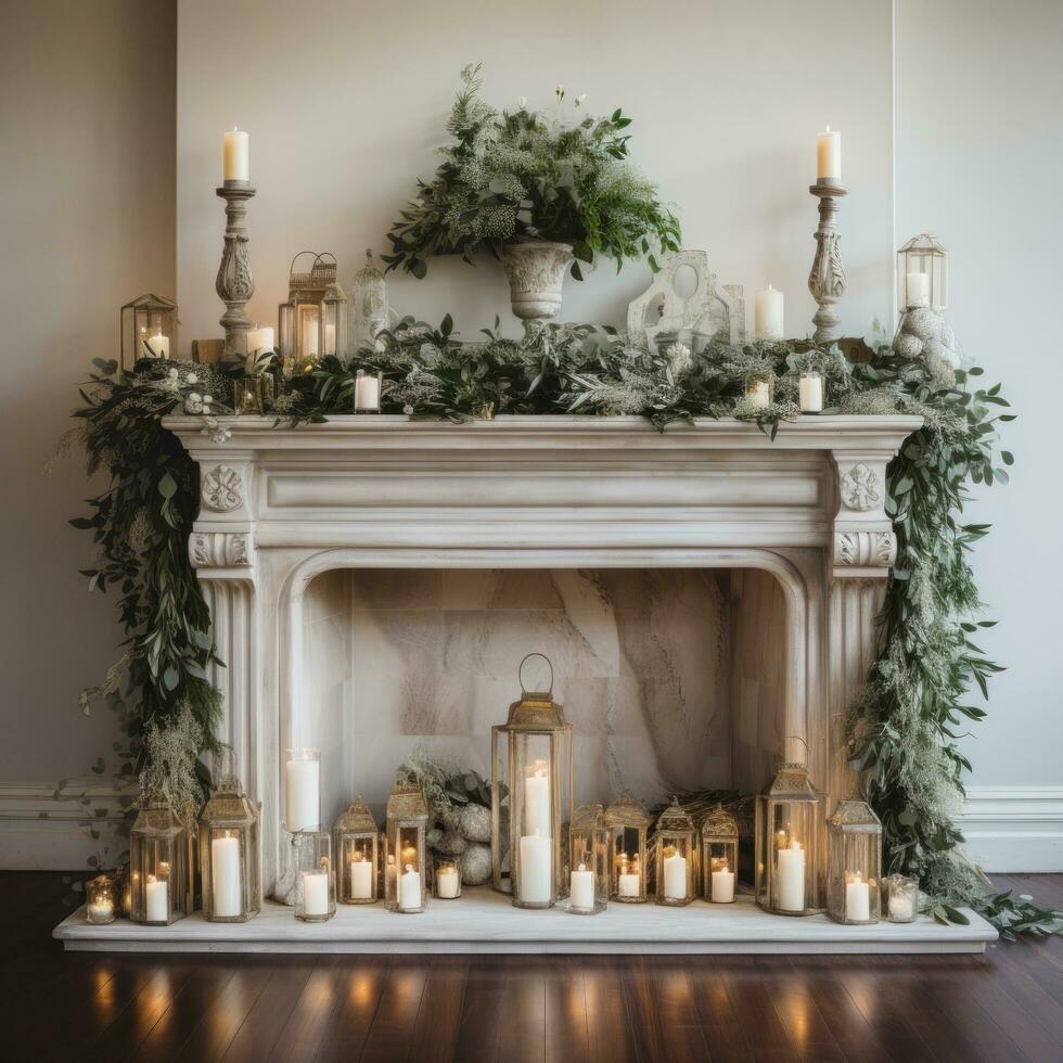 White and silver mantle display with candles and greenery photo