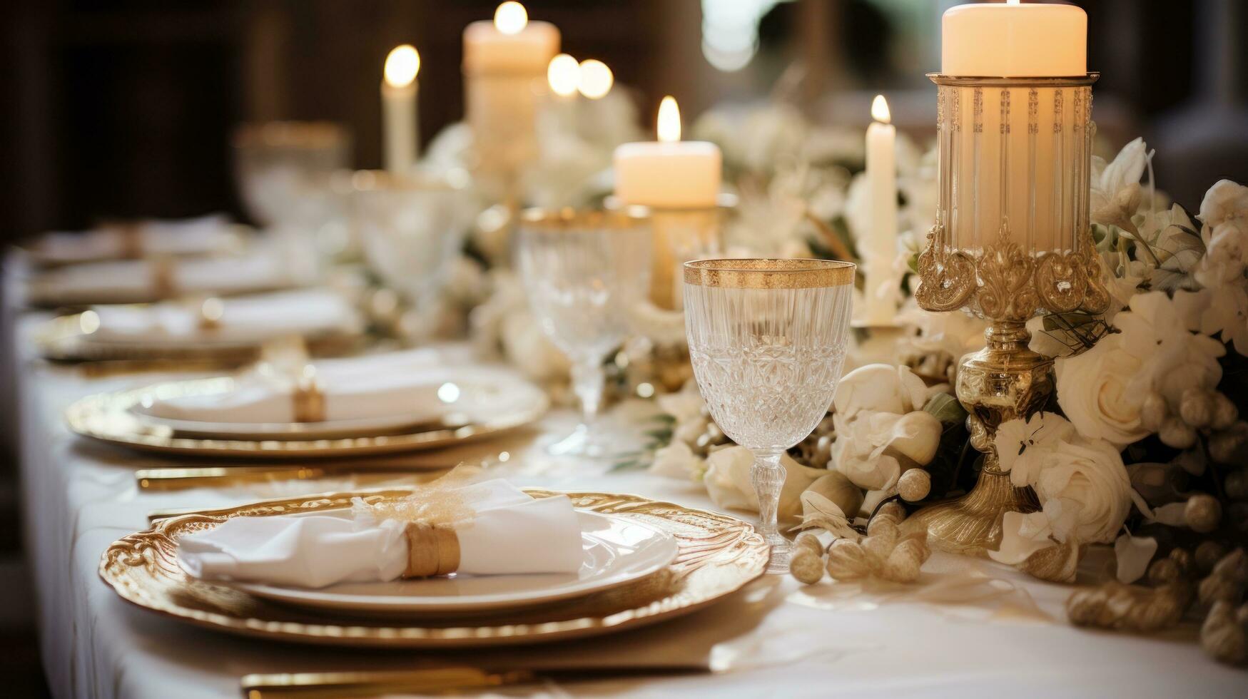 Elegant gold and white table setting with wreath and candles photo