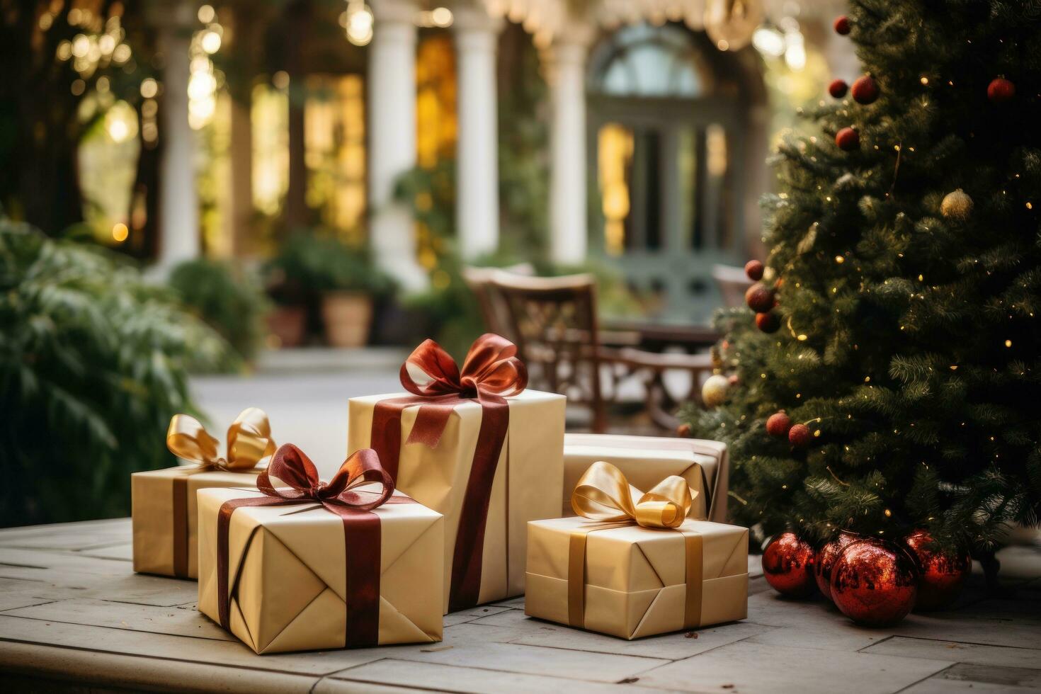 Beautifully wrapped gifts with bows and ribbons under a tree photo