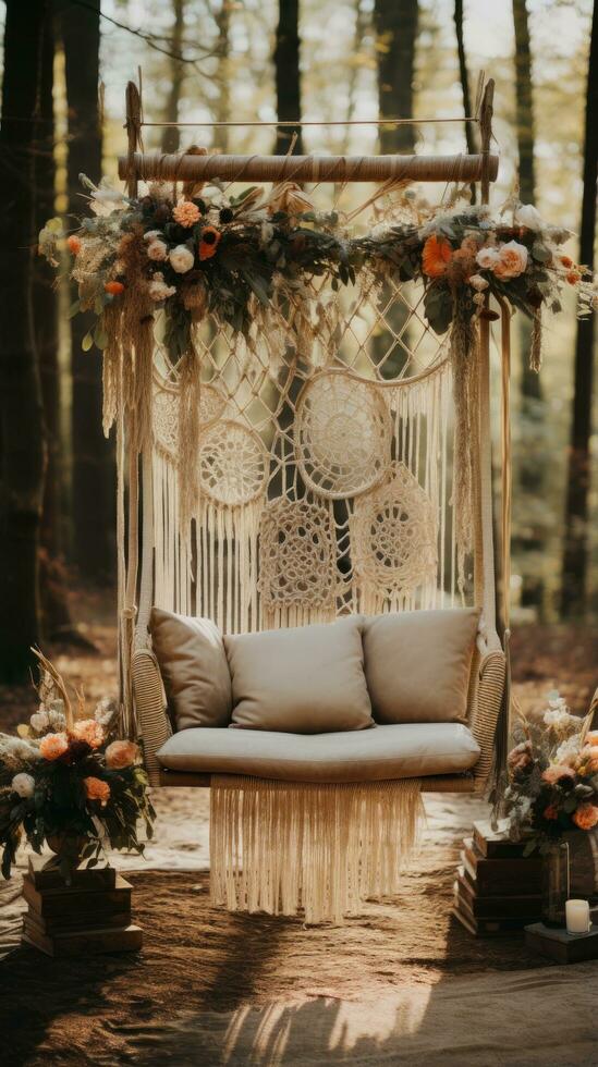 Gender-neutral boho chic setup with macrame and floral arrangements photo