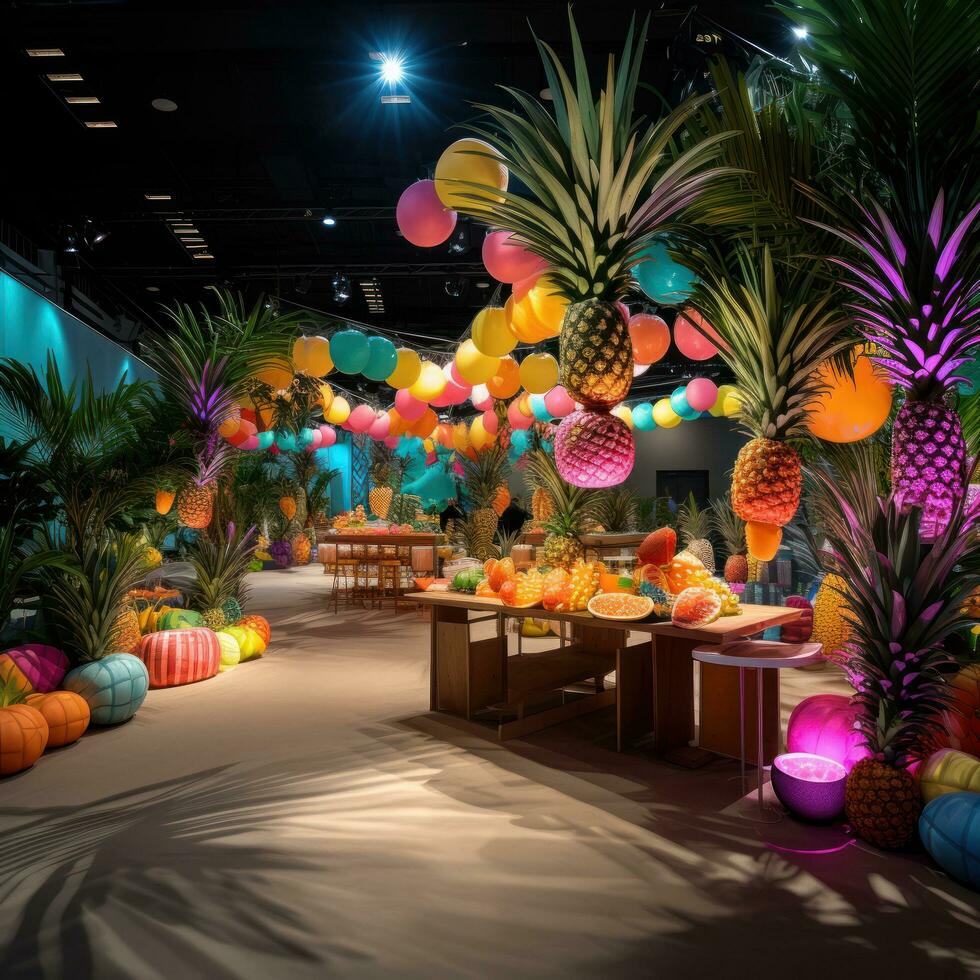 Vibrant tropical theme with colorful decorations and fruit displays photo