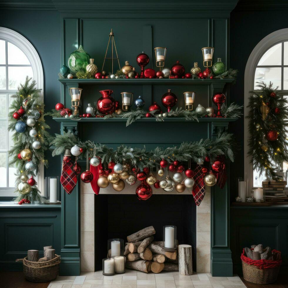 Bold and bright red and green mantle display with stockings and garland photo