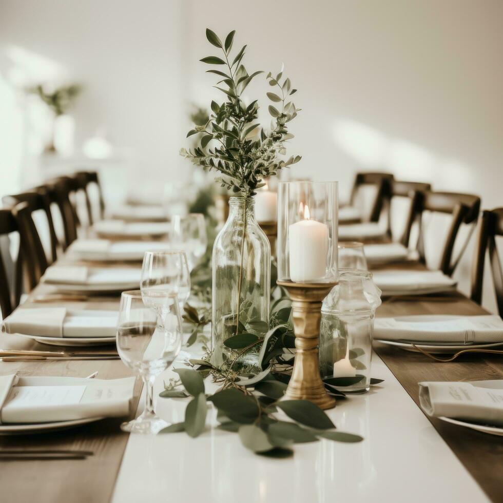 Minimalist white and green tablescape with eucalyptus and candles photo