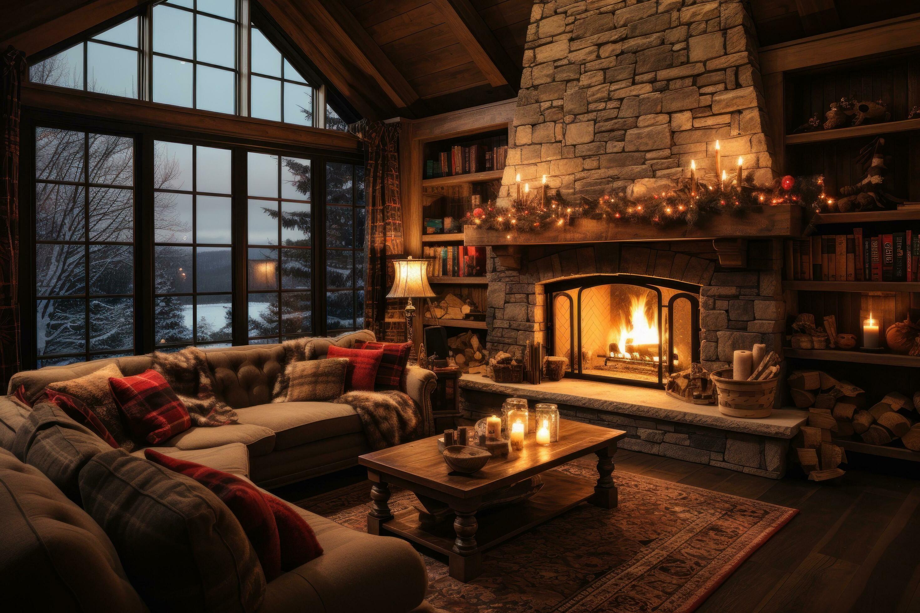 Cozy living room with Christmas tree, stockings, and fire crackling