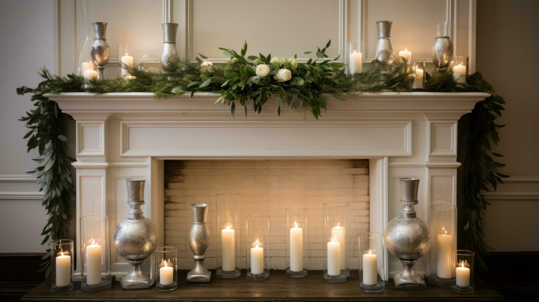 White and silver mantle display with candles and greenery photo