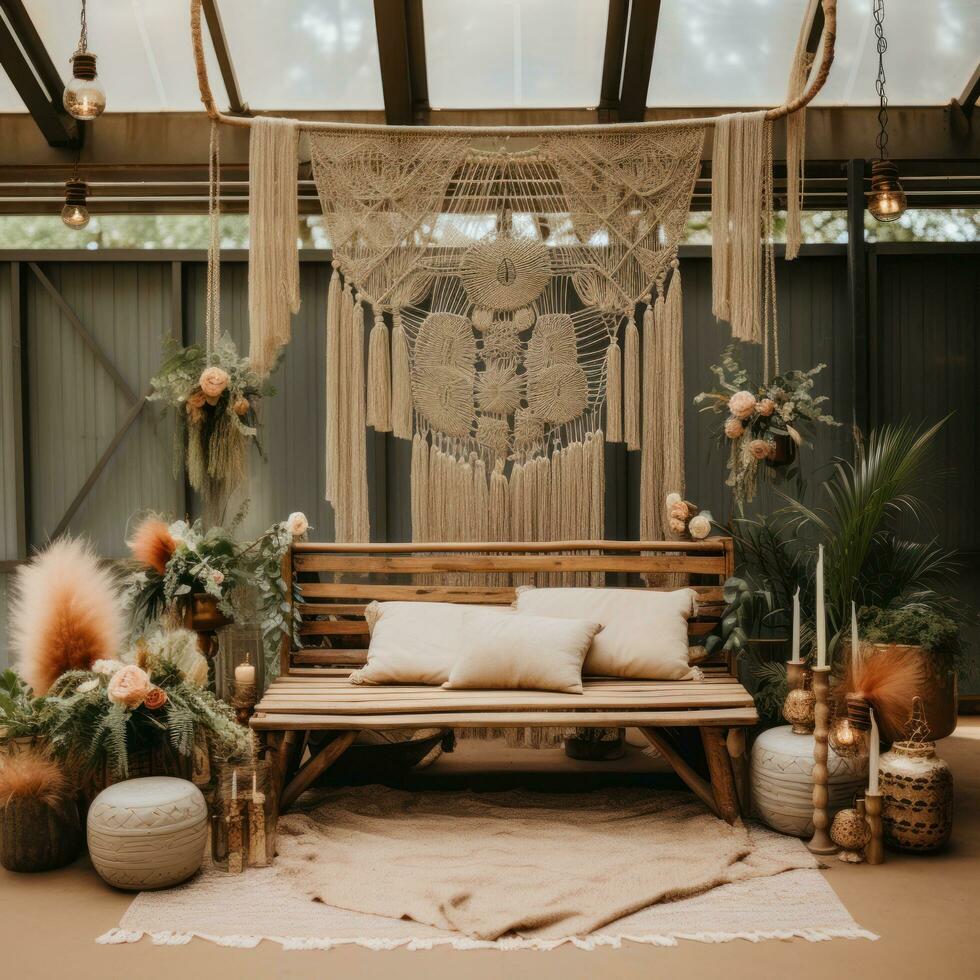 Gender-neutral boho chic setup with macrame and floral arrangements photo