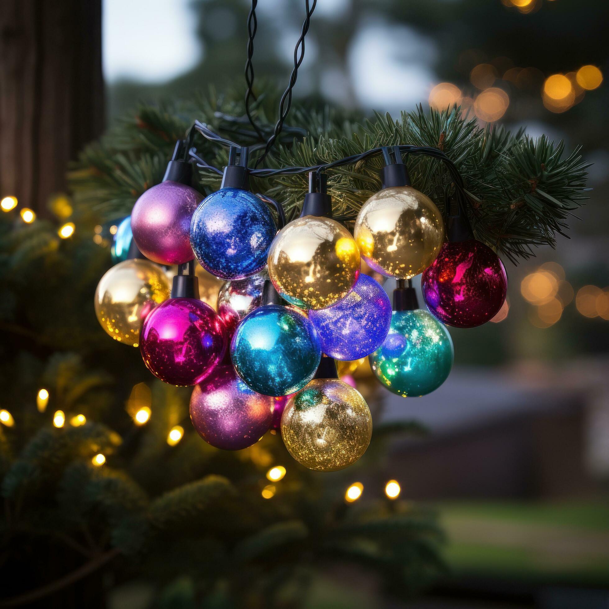 Colorful ornaments and lights on evergreen tree in outdoor setting