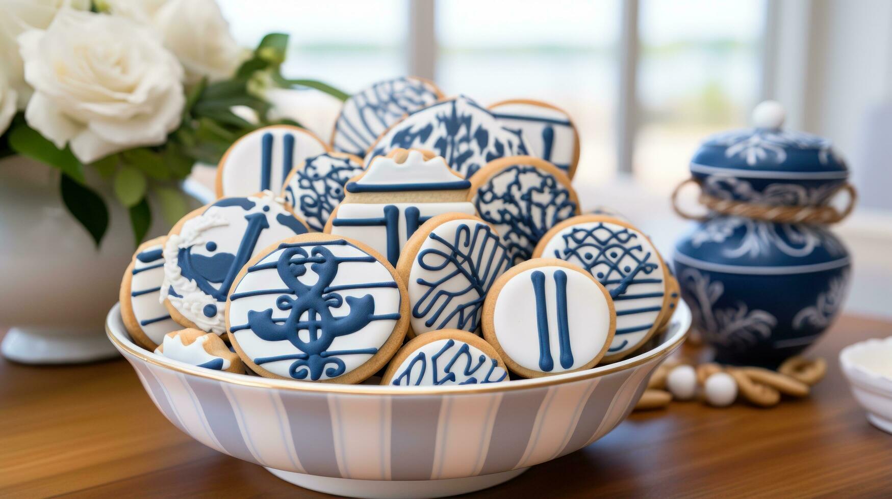 Nautical theme with blue and white decor, anchor, and sailboat cookies photo