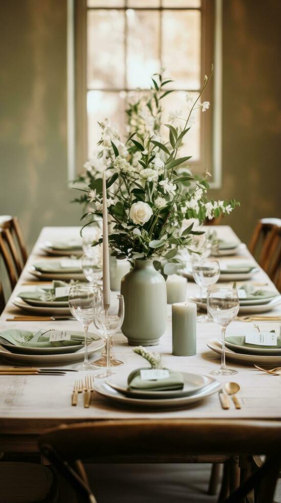 Minimalist white and green tablescape with eucalyptus and candles photo