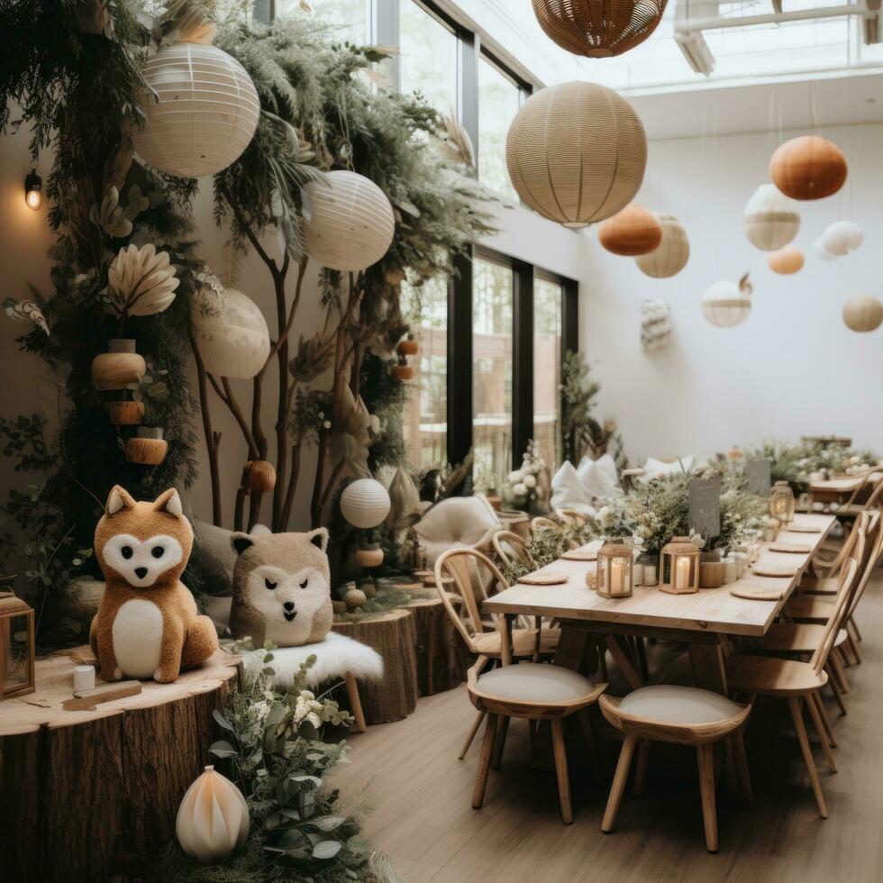 Whimsical woodland theme with animal decor and greenery garland photo