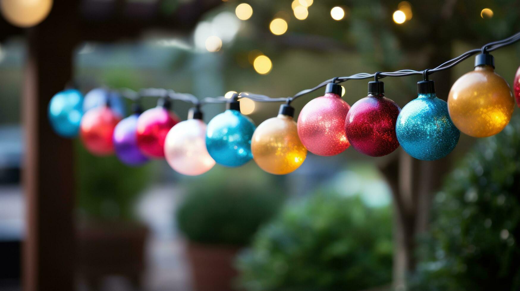 Colorful ornaments and lights on evergreen tree in outdoor setting