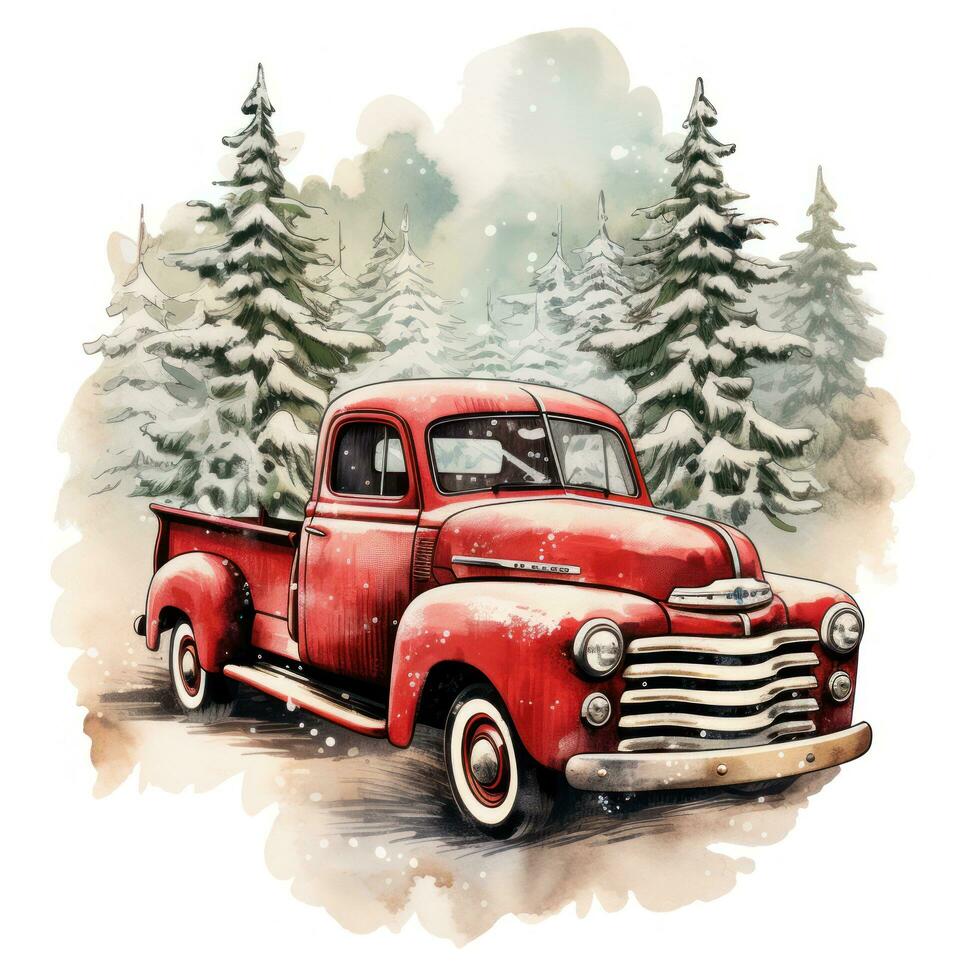 Vintage red truck with Christmas tree in snowy landscape photo