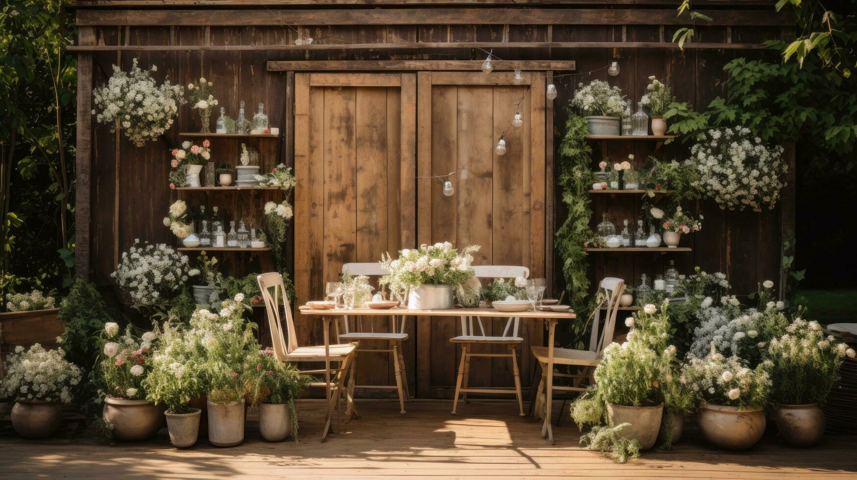 Rustic outdoor celebration with wooden accents and greenery backdrop photo