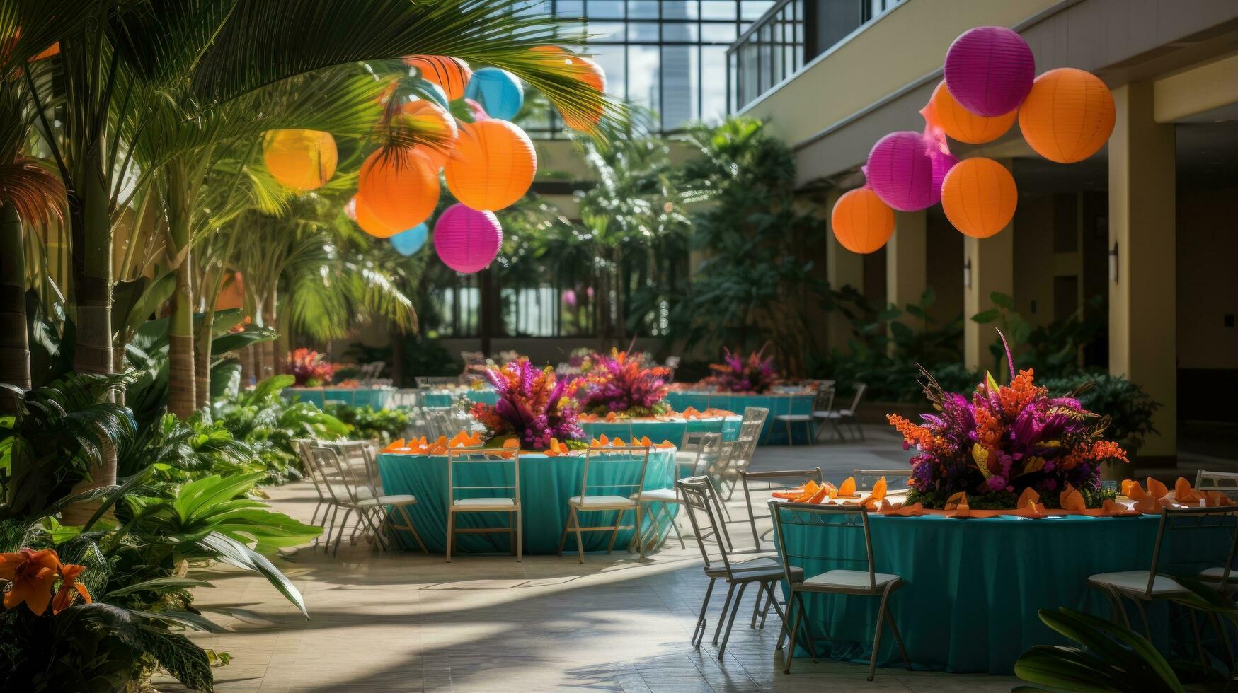 Vibrant tropical theme with colorful decorations and fruit displays photo