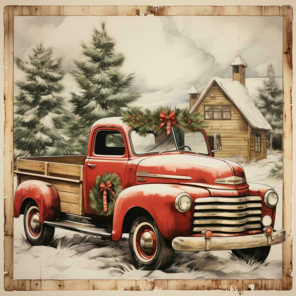 Rustic wooden sign with Merry Christmas and red truck illustration photo