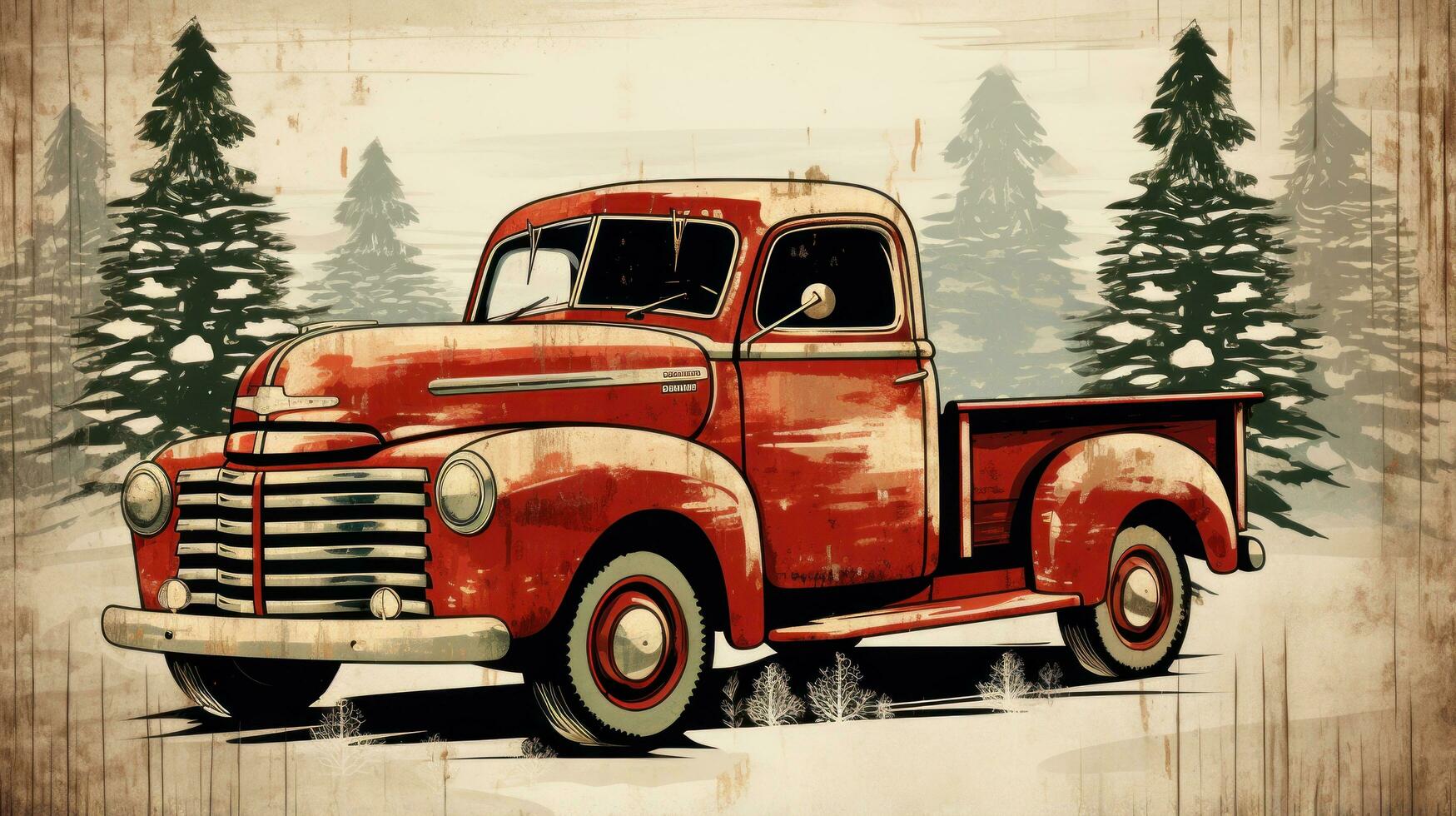 Rustic wooden sign with Merry Christmas and red truck illustration photo