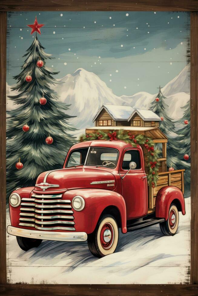 Rustic wooden sign with Merry Christmas and red truck illustration photo