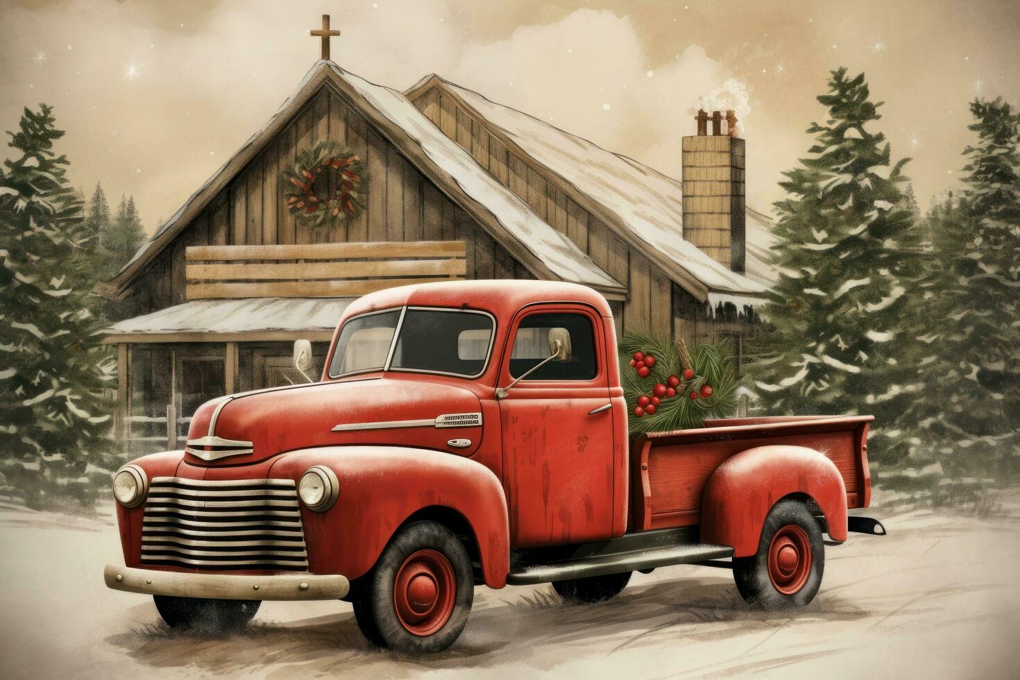 Rustic wooden sign with Merry Christmas and red truck illustration photo