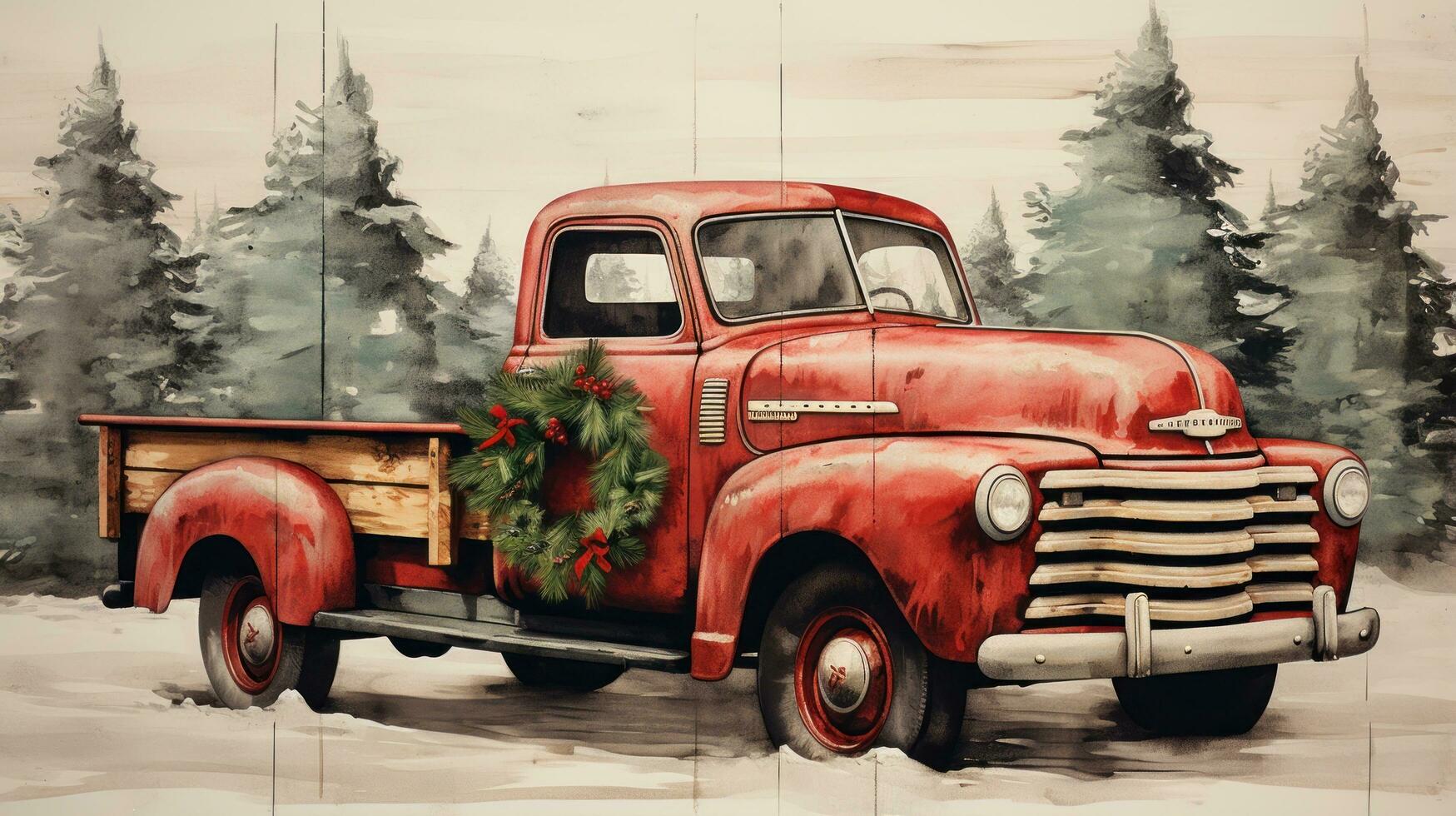 Rustic wooden sign with Merry Christmas and red truck illustration photo