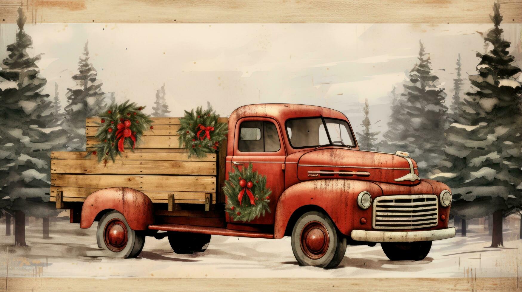 Rustic wooden sign with Merry Christmas and red truck illustration photo