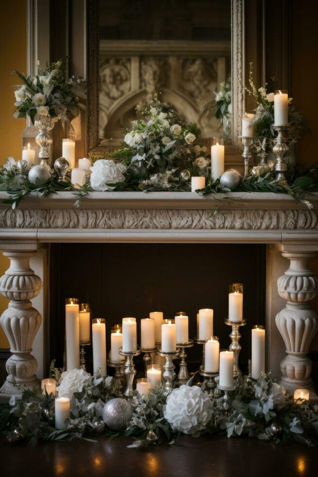 White and silver mantle display with candles and greenery photo