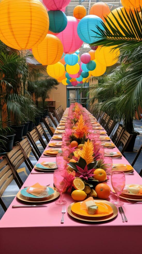 Vibrant tropical theme with colorful decorations and fruit displays photo