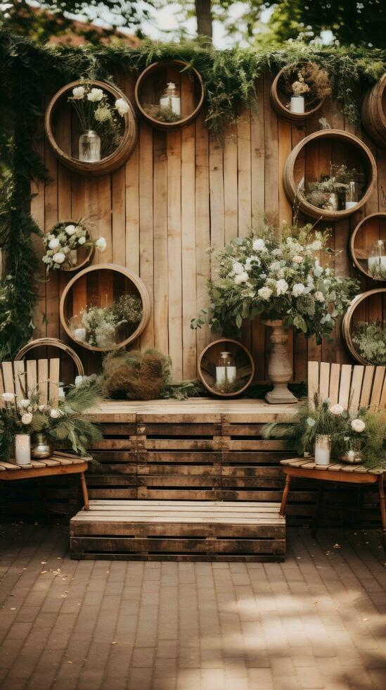 Rustic outdoor celebration with wooden accents and greenery backdrop photo