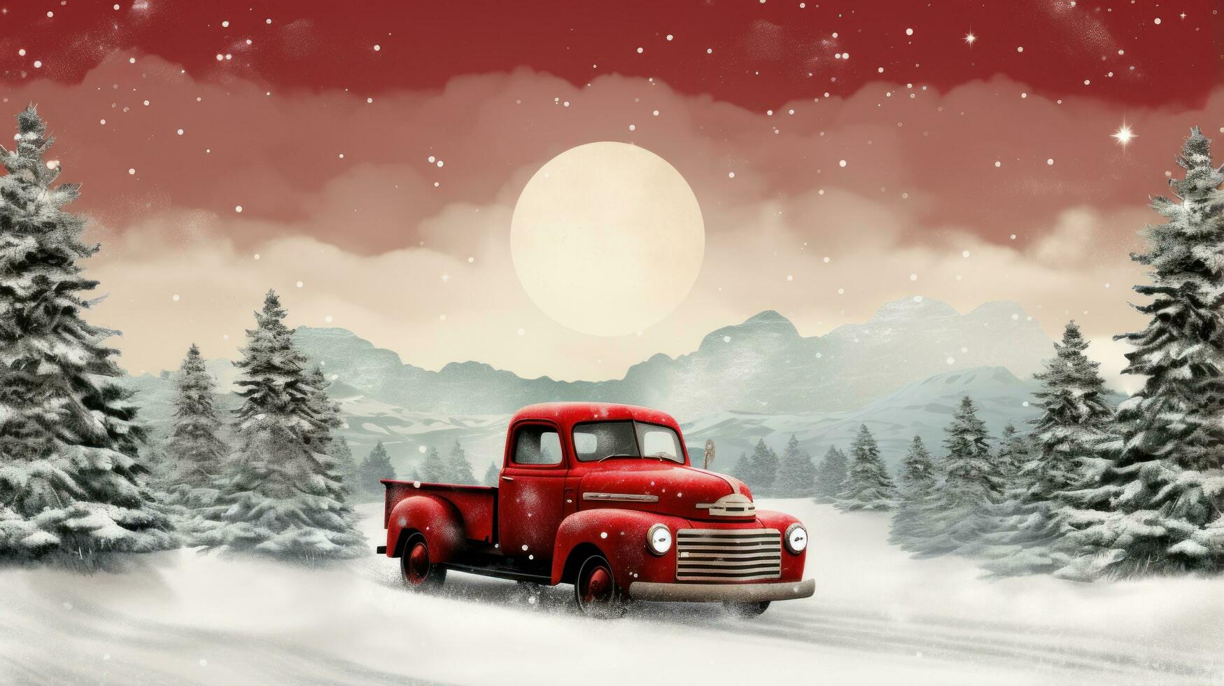 Vintage red truck with Christmas tree in snowy landscape photo