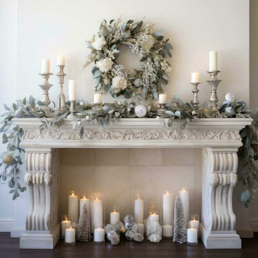 White and silver mantle display with candles and greenery photo