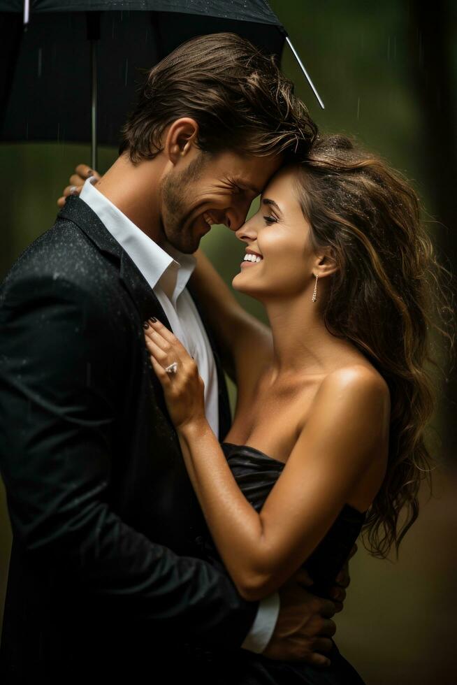 Couple sharing a moment under an umbrella in the rain photo