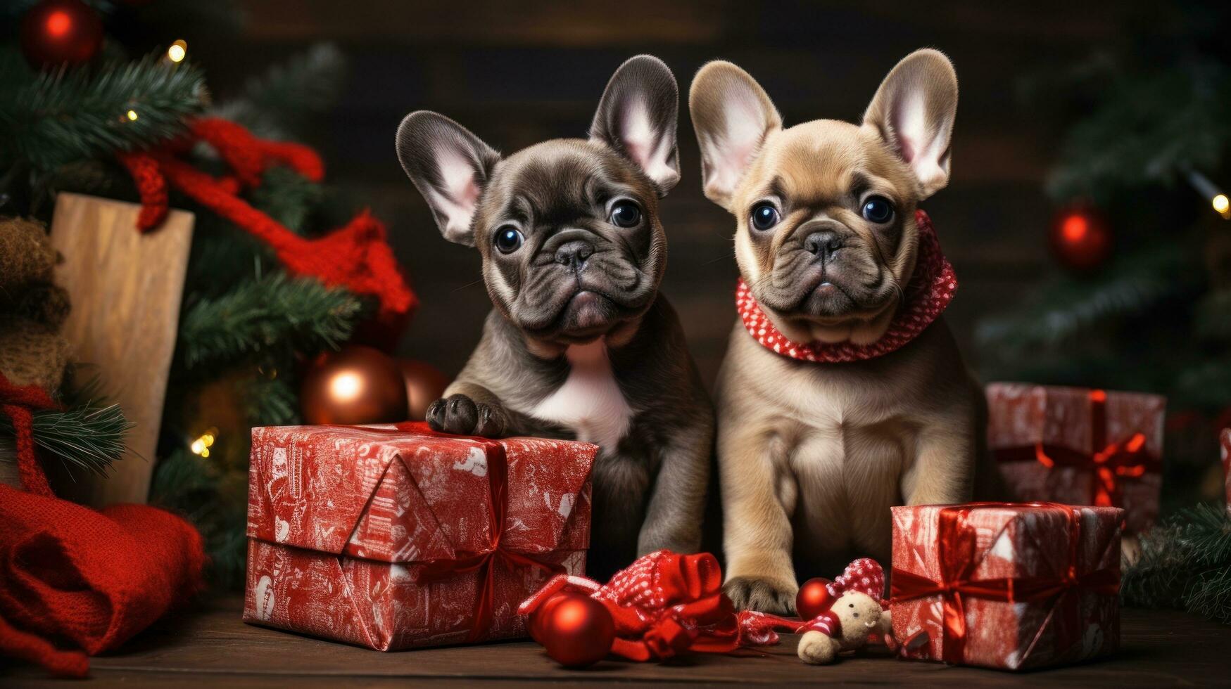 Adorable pets in festive outfits with Christmas presents photo