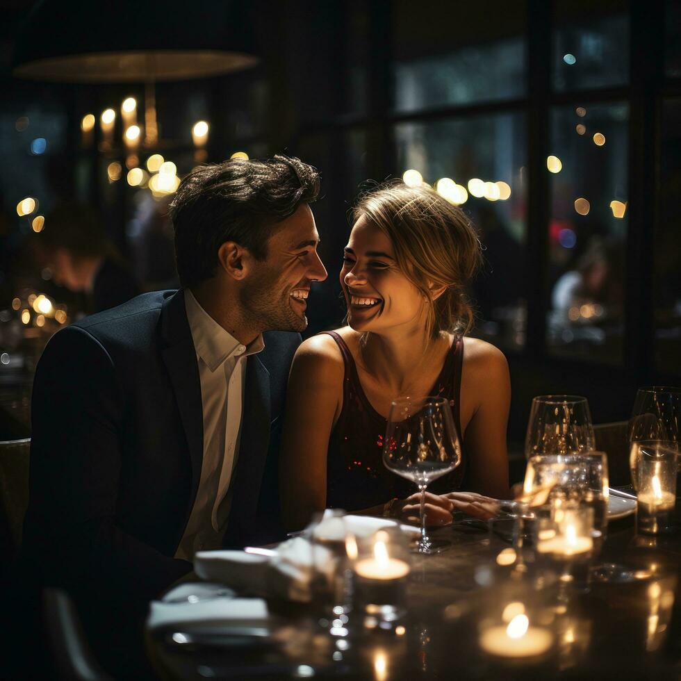 Couple enjoying a candlelit dinner at a fancy restaurant photo
