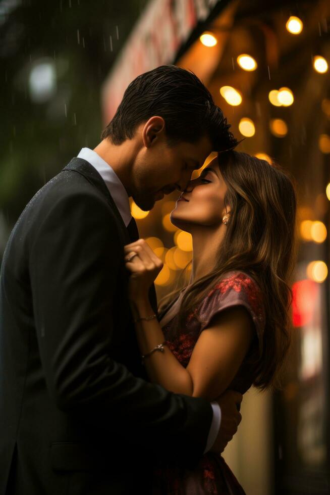 Couple sharing a moment under an umbrella in the rain photo