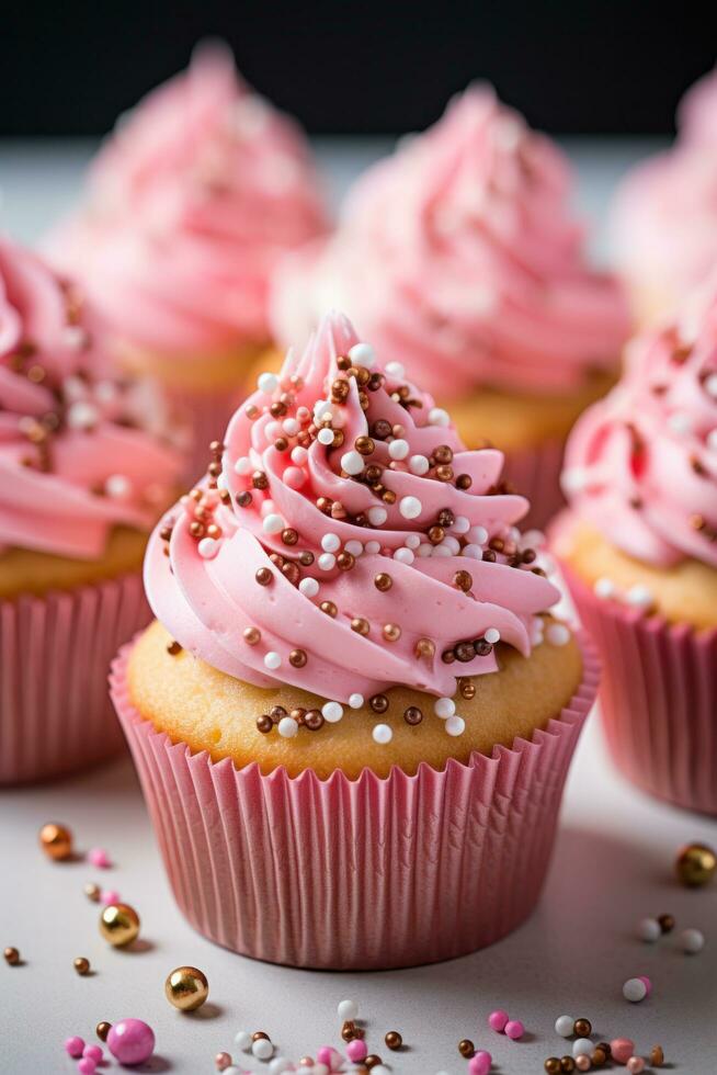 Pink and gold cupcakes with sprinkles on top. photo
