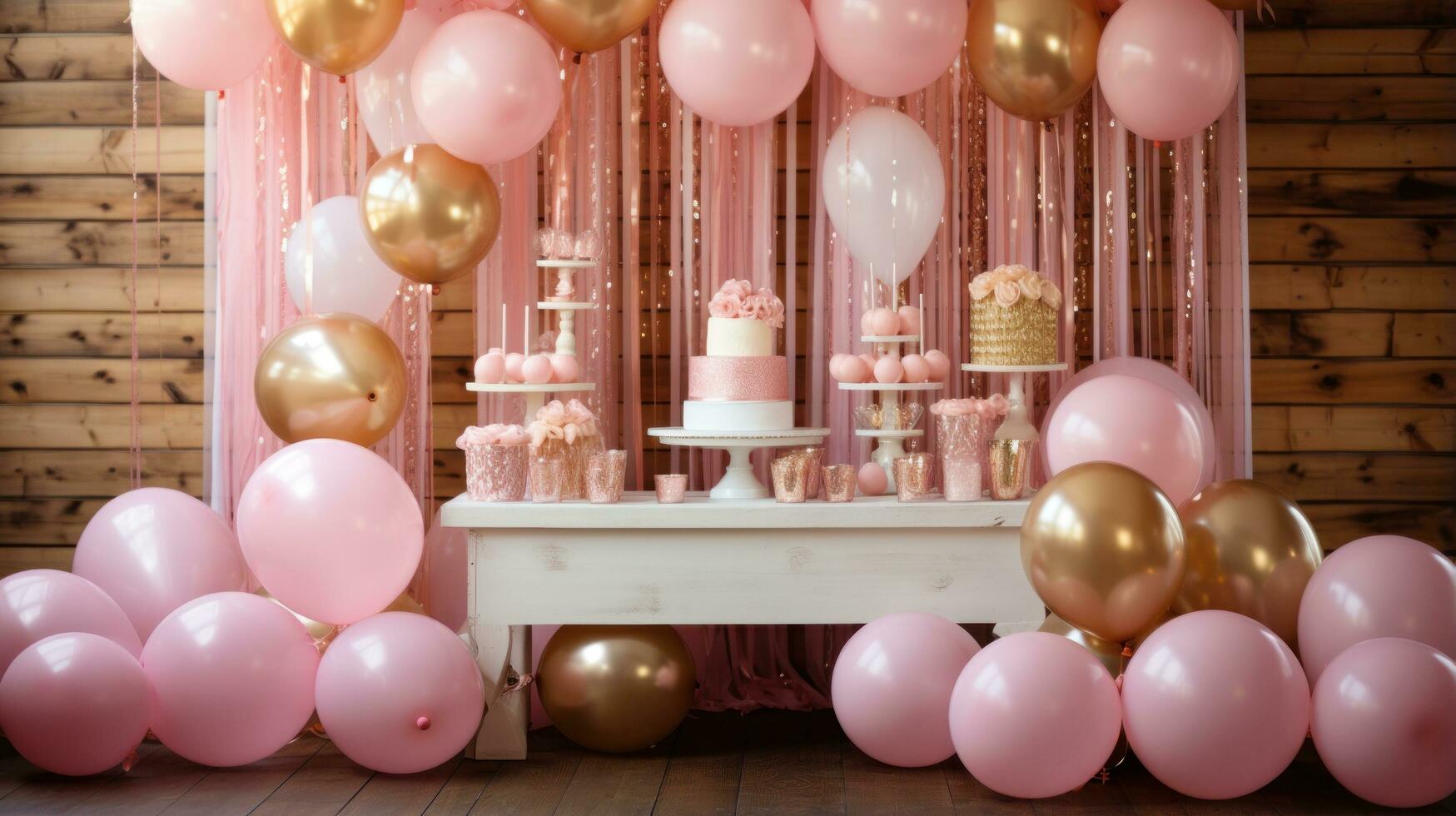 Cozy pink and gold setup with floral accents and desserts photo