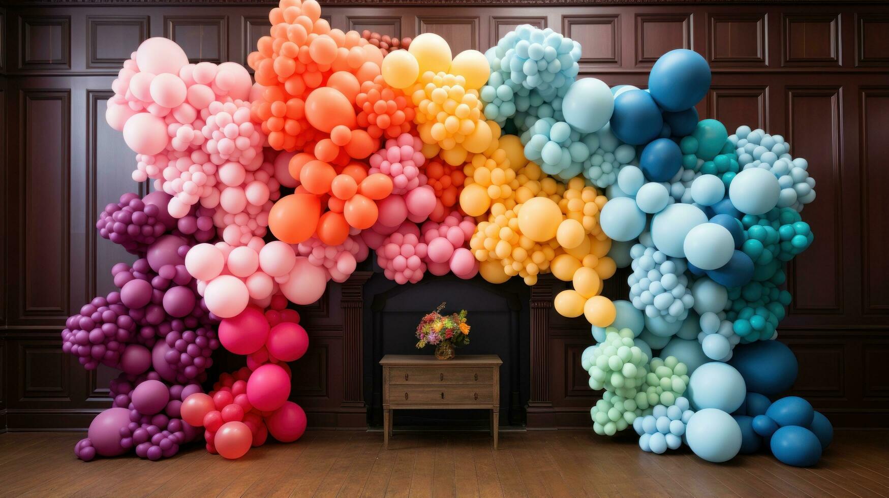 Vibrant rainbow balloon backdrop with tassels photo