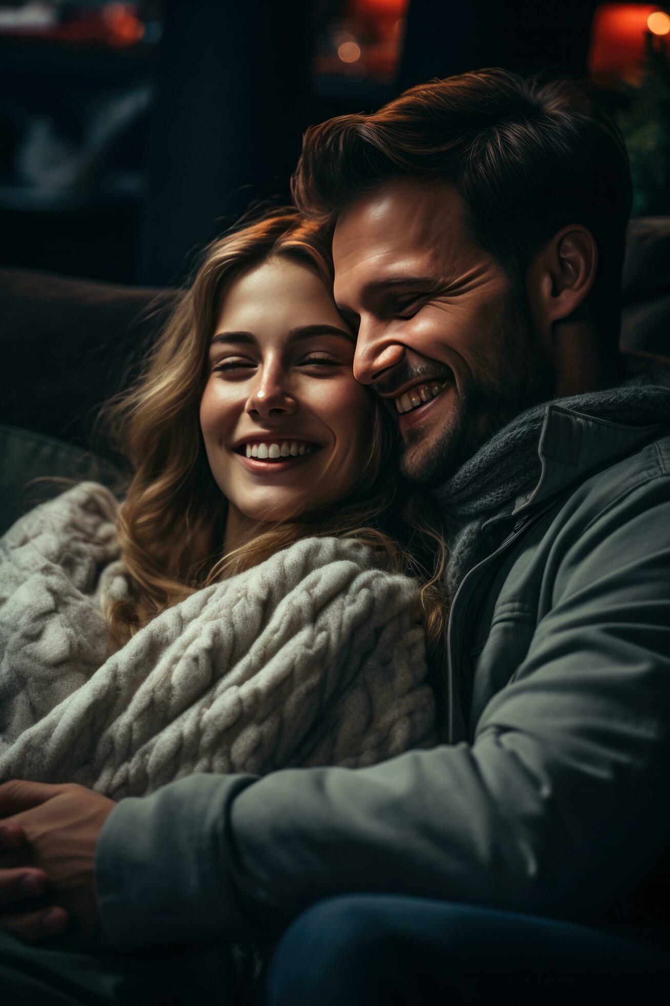 Woman cuddles with man while watching a movie. 30312730 Stock Photo at