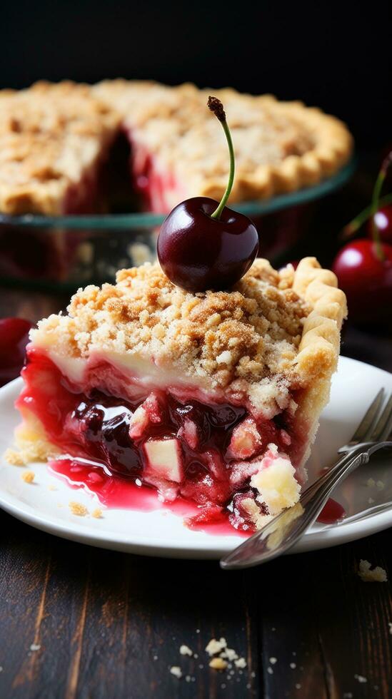 Cherry pie with crumb topping, bursting with juicy fruit flavor photo